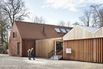 Mottisfont Abbey, Welcome Centre. National Trust Hampshire Development, England, UK. Design by Burd Haward Architects. Profile -Vertical timber fins - 44mm x 280mm planed all round. Species - Western Red Cedar No2 Clear & Better ONLY