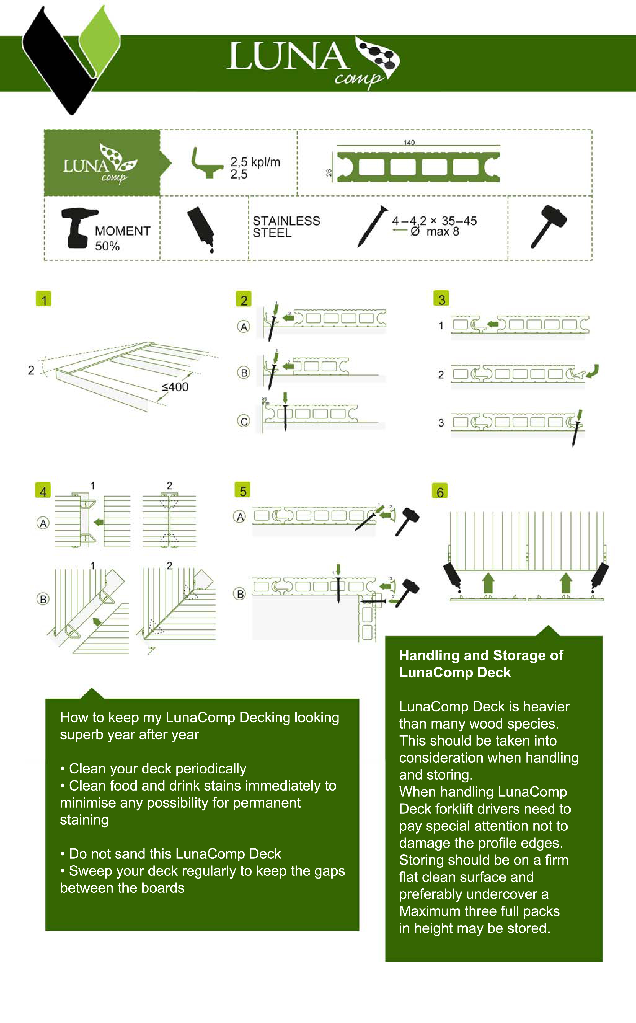 Luna Comp Decking - Storage, Cleaning & installation