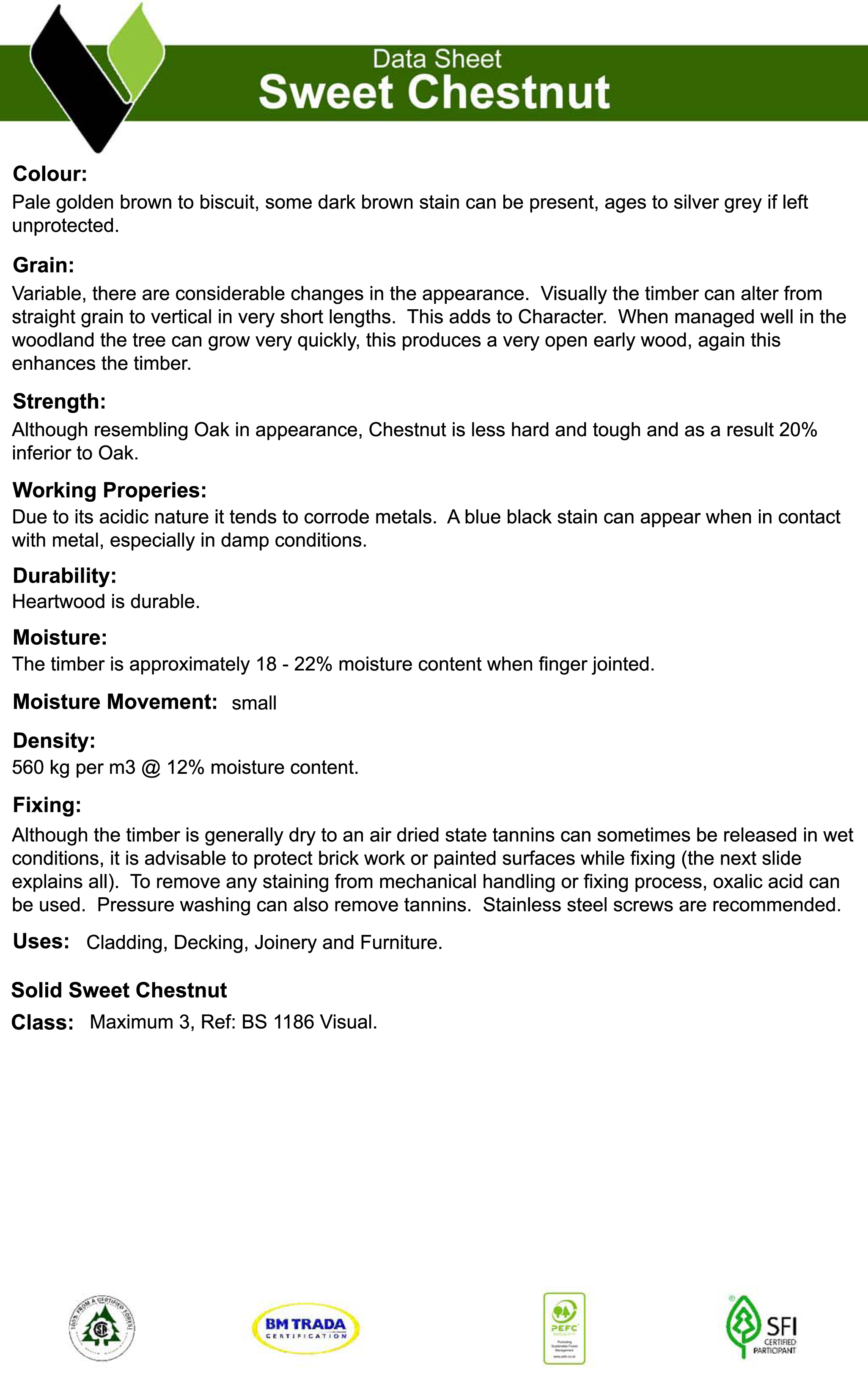 Data Sheet for Sweet Chestnut